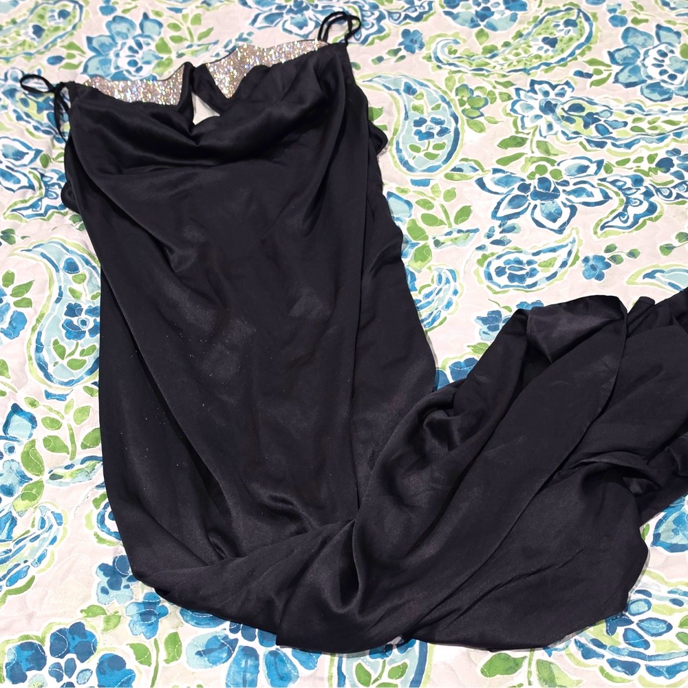 Victoria's Secret Black Satin Sequin Trim Gown Adjustable Straps Large